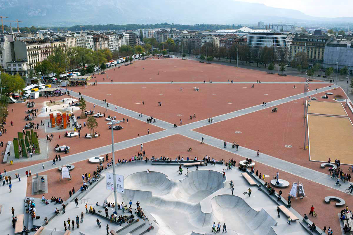 Vue aérienne du skatepark et de la plaine de Plainpalais
