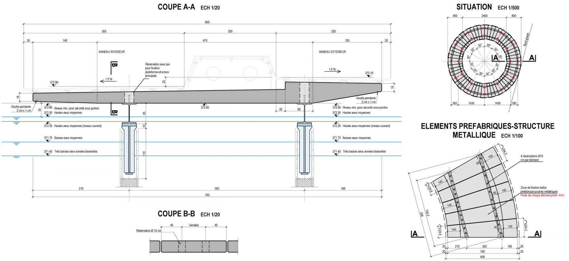 Plan et coupes des éléments préfabriqués