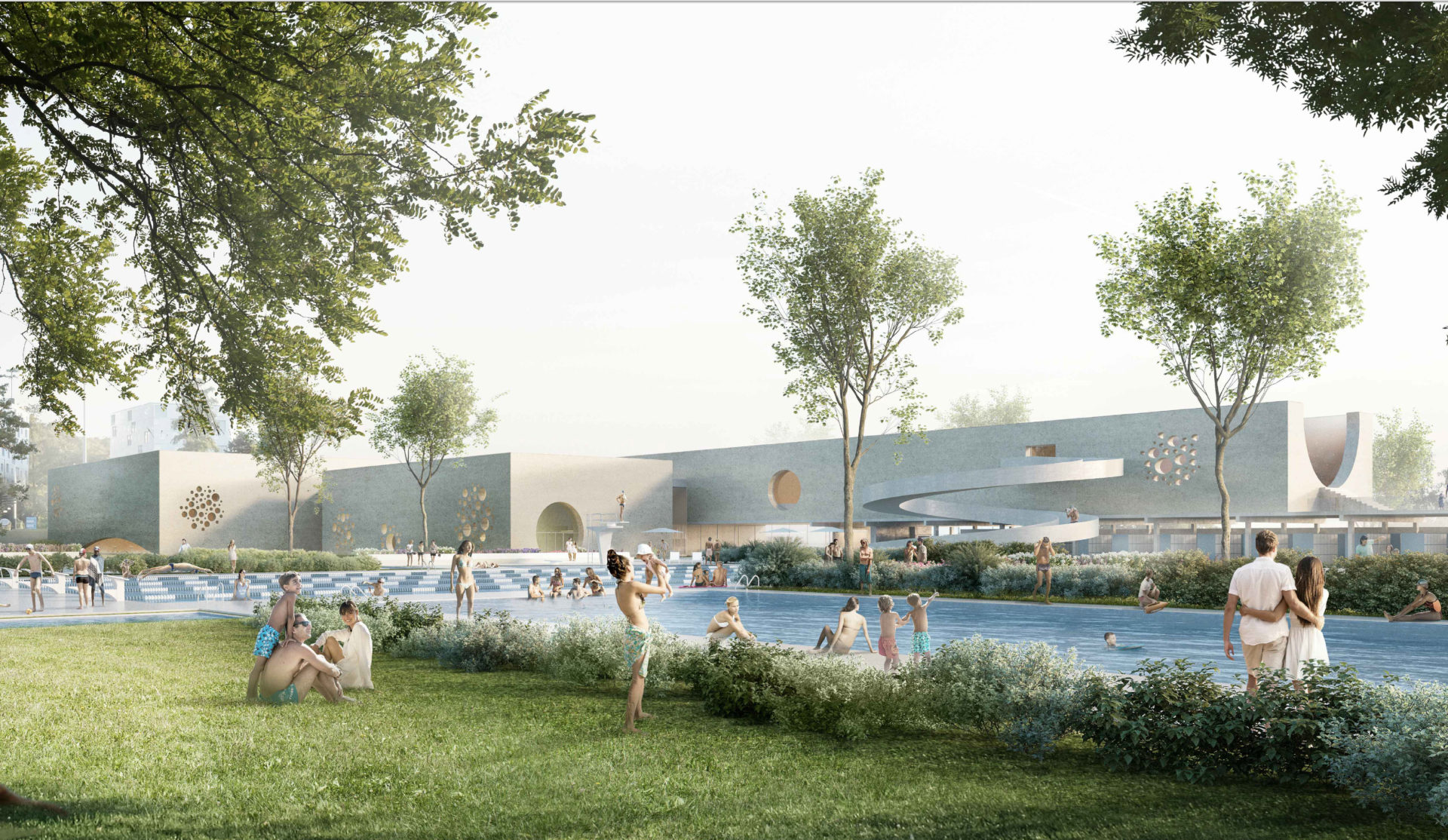 Parc et bassin de la piscine de Carouge